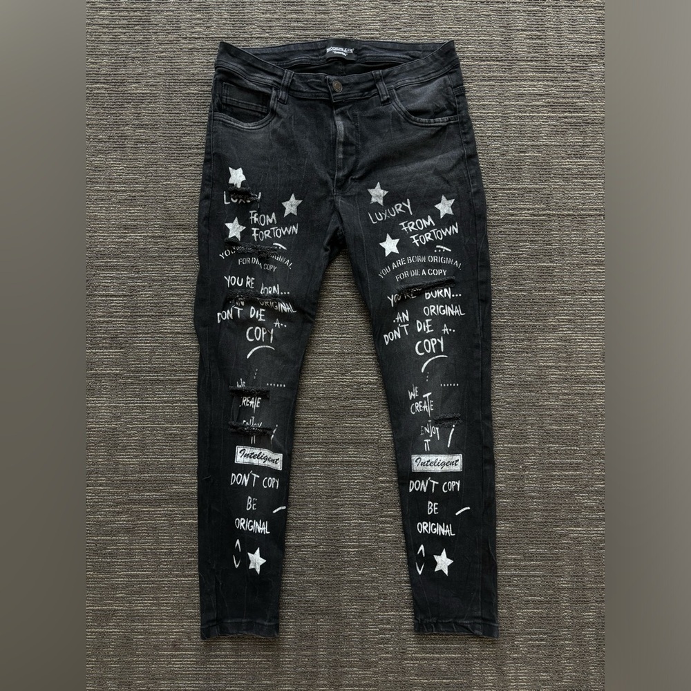 RARE Dan Caten Black Denim Jeans | White Writing & Distressed Detailing